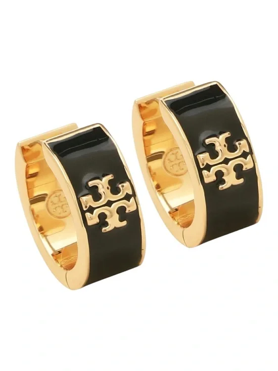 Tory Burch Kira Black Logo Huggie Hoop Earrings In 18K Gold Plated