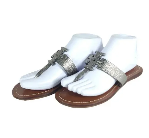 Tory Burch Women's Moore US 7M Metalic Pewter Leather SlipOn Flat Thong Sandals