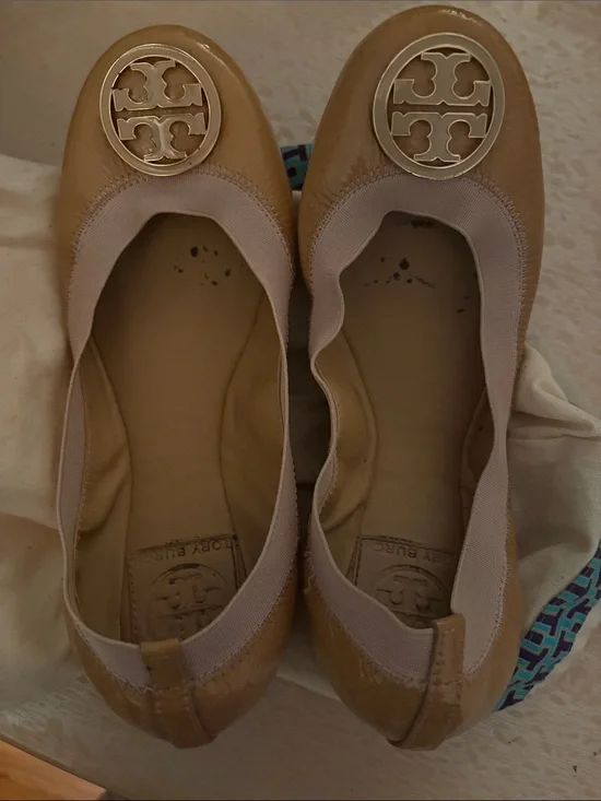 Tory Burch Camel Leather Logo Ballet Flats with Gold Medallion