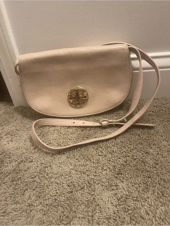 Tory Burch Pale Pink Pebbled Leather Crossbody with Gold Logo