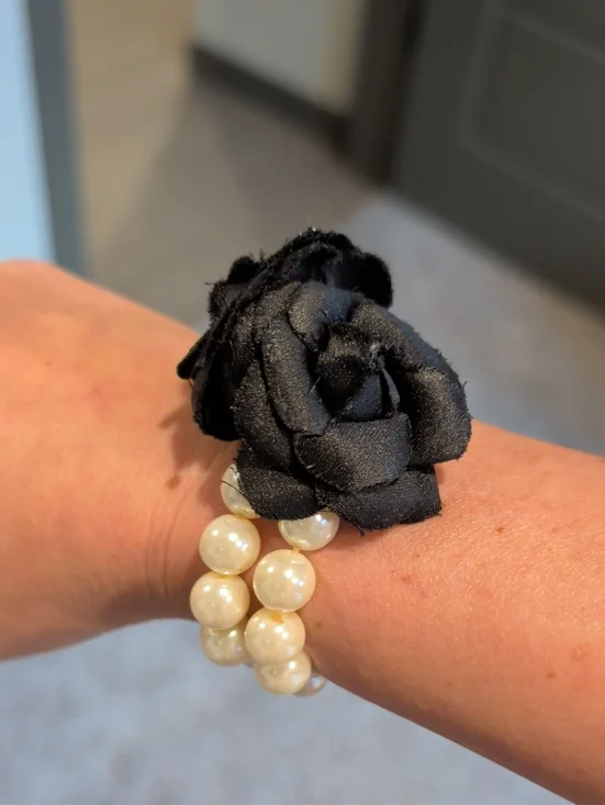 Pearl Stretch Bracelet with Black Fabric Flower