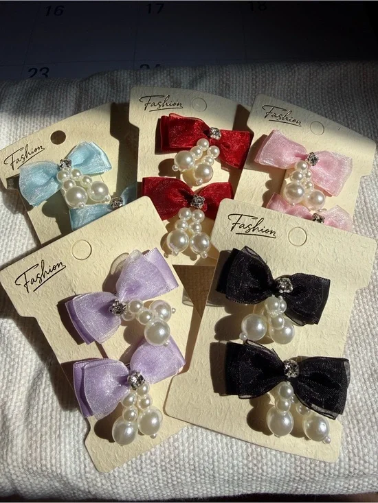Kids Pearl Bow Hair Clips - Multi Color Set