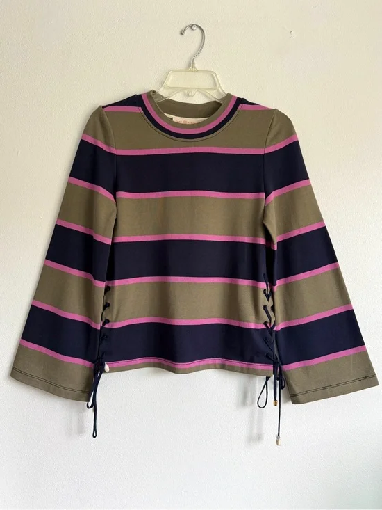 $258 Tory Burch  Lace Up Striped Top Size XS Color Navy Pink Olive Stripe
