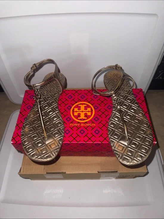 Tory Burch Metallic Gold Quilted T-Strap Sandals with Ankle Strap