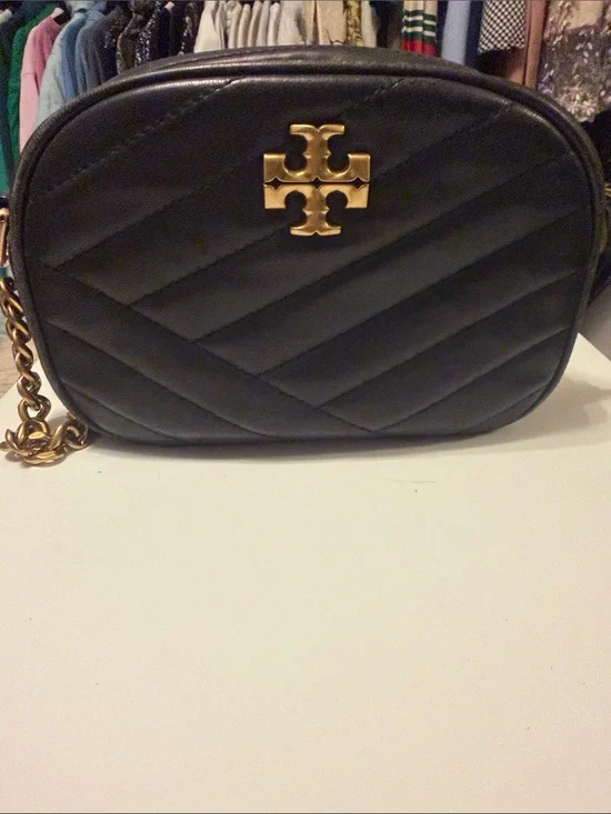 Tory Burch Kira Black Quilted Camera Bag with Gold Logo