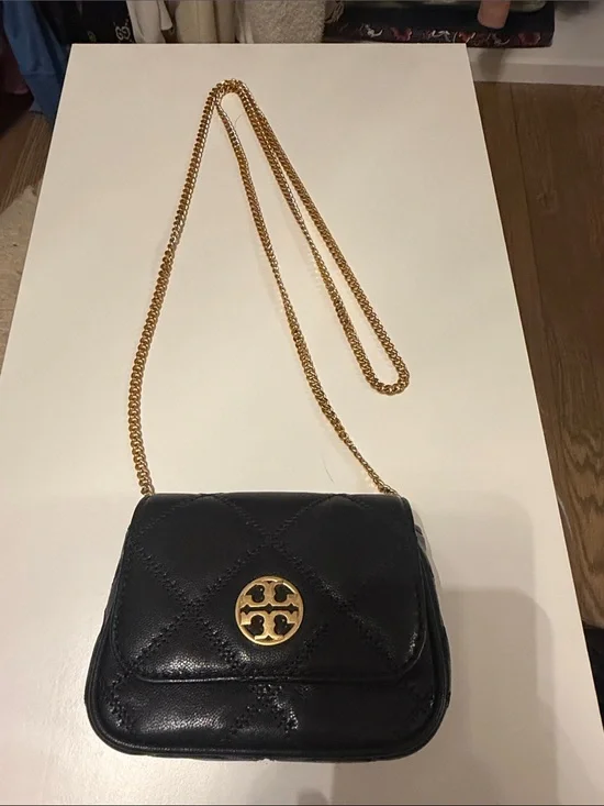 Tory Burch Willa Mini Black Quilted Leather Crossbody with Gold Chain