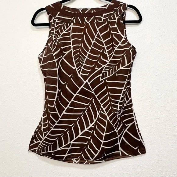 Tory Burch Brown Leaf Printed Sleeveless Blouse-sz 4