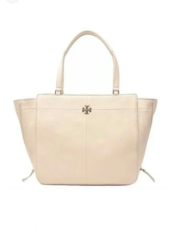 Tory Burch Ivy Side-Zip Leather Tote in Light Oak Pebbled Leather