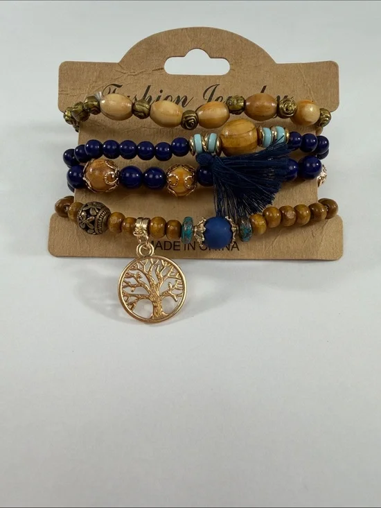 Fashion Jewelry Navy and Brown Beaded Bracelet Stack with Tree Charm