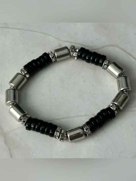Black and Silver Beaded Stretch Bracelet