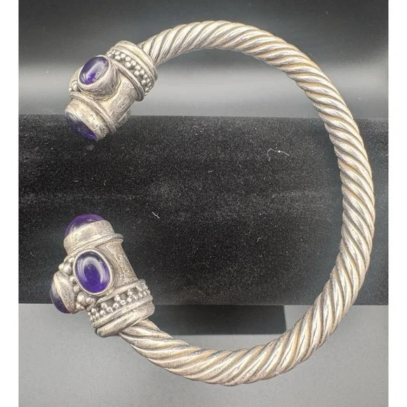 Bali Artisan-Style Sterling Silver Amethyst Twisted Cable Cuff Bracelet 61.15g