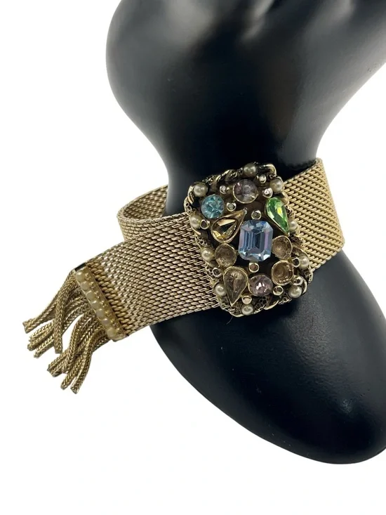 Victorian Revival gold tone mesh tassel slider adjustable rhinestone bracelet