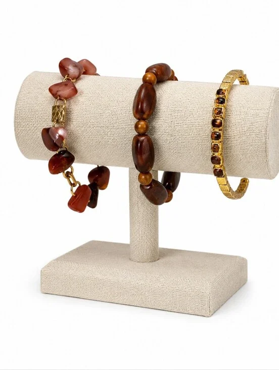 Three Bracelet Set Natural Stone Gold Tone & Brown Stretch Bracelets 6.5
