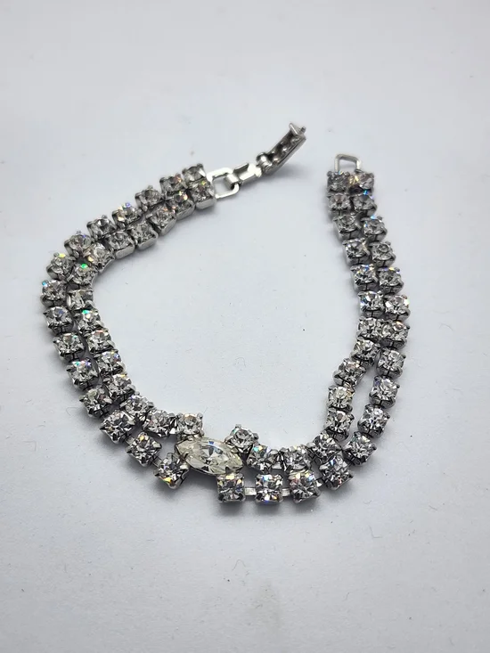 Vintage Signed Kramer Clear Rhinestone Double Row Bracelet - 1950s Marquise