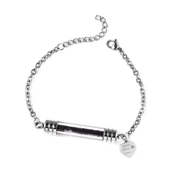 Shungite and Glass Bottle, Heart Charm Bracelet in Stainless Steel