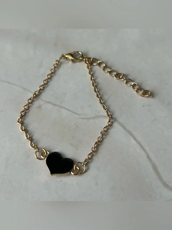 Gold Chain Bracelet with Black Heart Charm