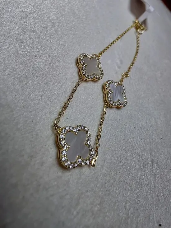 Mother of Pearl & 0.44ctw Moissanite Clover Bracelet | Gold over Silver (7-8