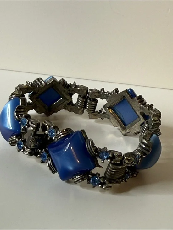 Blue diamond shape moonglow rhinestone chunky gunmetal Vintage Bracelet art deco