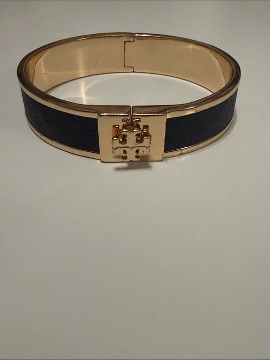 Tory Burch Black and Gold Logo Hinged Bracelet