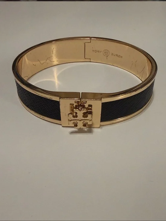 Tory Burch Navy Leather Inlay Gold Logo Hinged Bangle