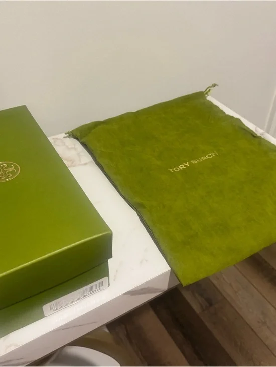 Tory Burch Olive Green Velvet Drawstring Pouch and Shoe Box with Gold Logo