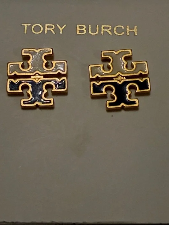 Tory Burch White and Navy Logo Stud Earrings