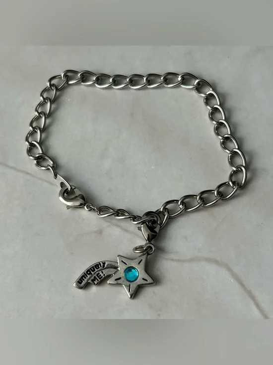 Silver Star Charm Bracelet with Blue Gem