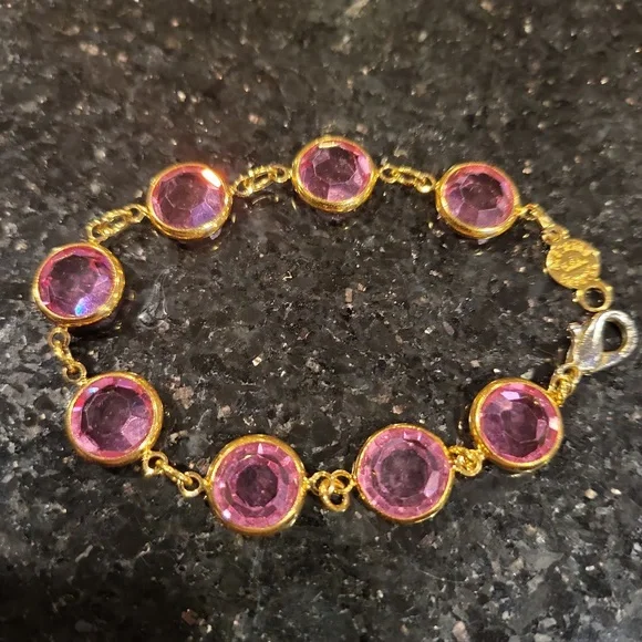 Austrian USA Crystal Pink Gold Tone Encased Crystal Bracelet 7