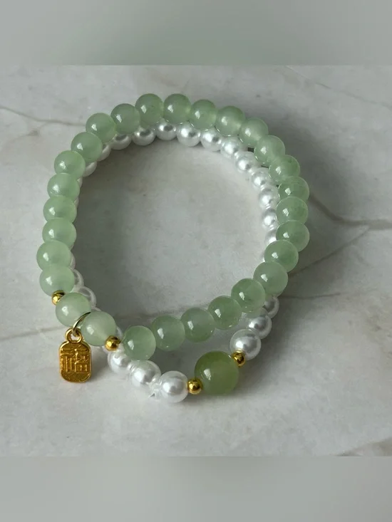 Green Jade and Pearl Beaded Stretch Bracelet Set