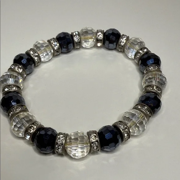 Reserved faceted glass disco ball navy clear Silver Beaded stretch