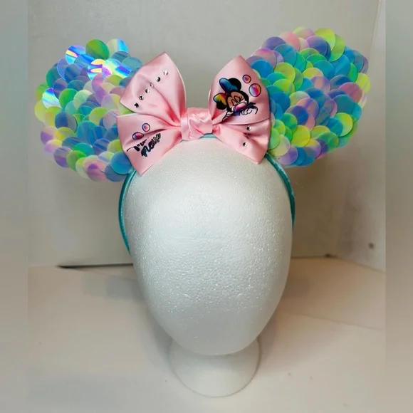 Pastel Sequined Minnie Mouse Ears Headband with Pastel Pink Bow