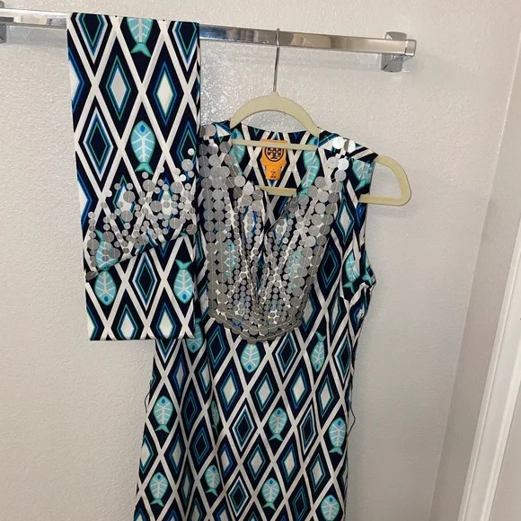 VINTAGE TORY BURCH 100% Silk Fish Print Blue/Turquoise  Kaftan Dress Size4