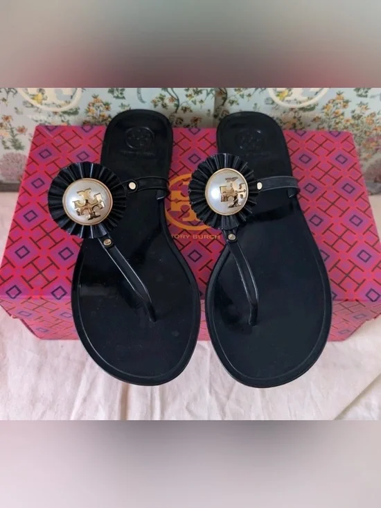 Tory Burch melody pearl Black Gold Jelly Sandals Thong Flip Flop 7