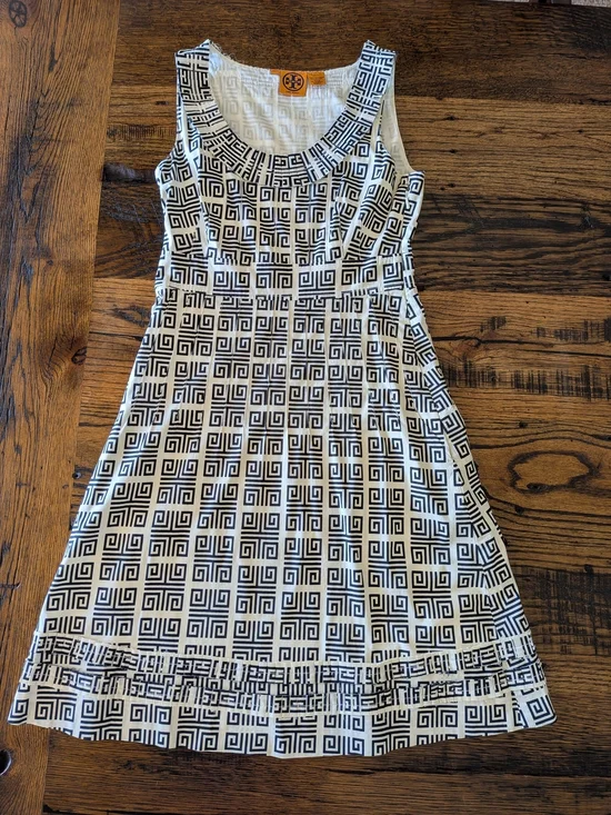 Tory Burch Navy and Cream Geometric Sleeveless Cotton Dress