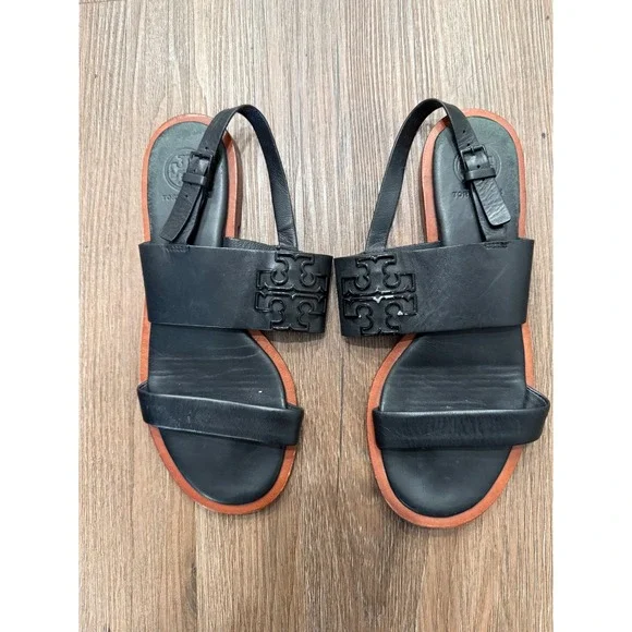 Tory Burch Black Leather Slingback Flat Sandals Logo Strap Womens 7M