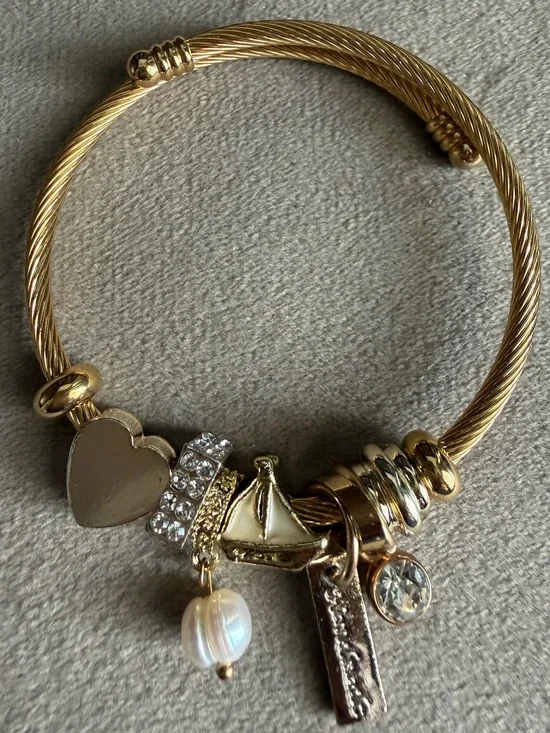 Gold Charm Bangle Bracelet with Heart, Pearl & Crystal Accents