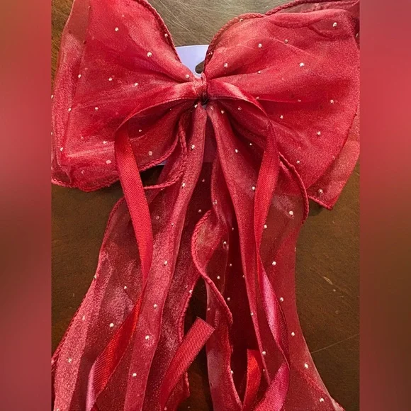 NWT, Sheer Satin Rhinestone Hair Bow, Deep Red, 13 in Long