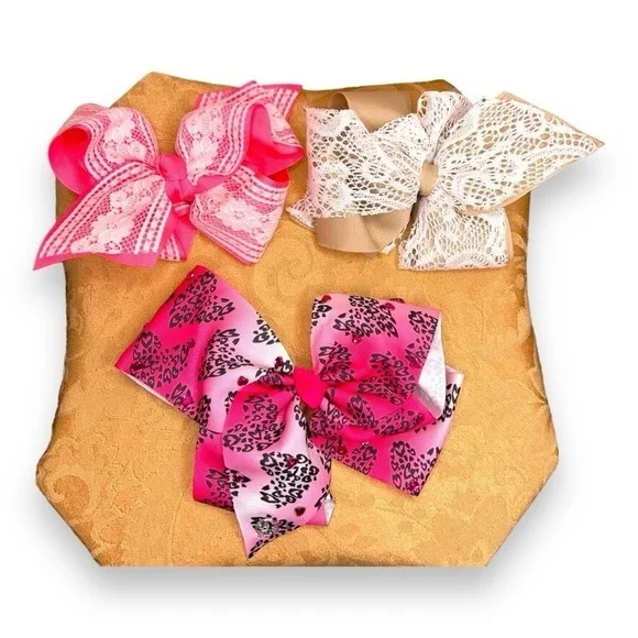 SET OF 3 PINK CHEER BOWS LACE COLORFUL LARGE HAIR ACCESSORIES
