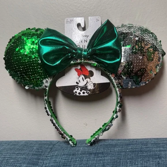 Disney Minnie Mouse Green Silver Sequin Headband Metallic Bow Kids MM2254 NWT