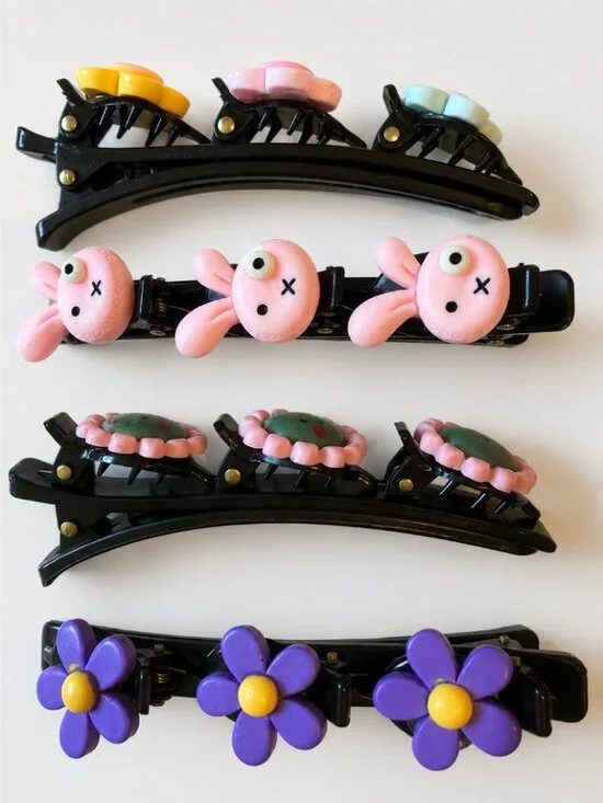 (SET OF 4) Kawaii Bunny & Flower Hair Clip Set, for braiding, for styling