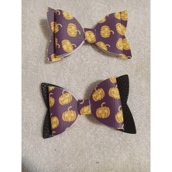 Halloween Hair Bows Purple Pumpkin Faux Leather Bows Hair Clips‎ Accessories