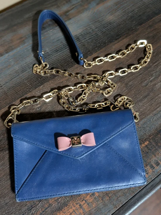 Tory Burch Navy Leather Crossbody with Pink Bow & Gold Chain