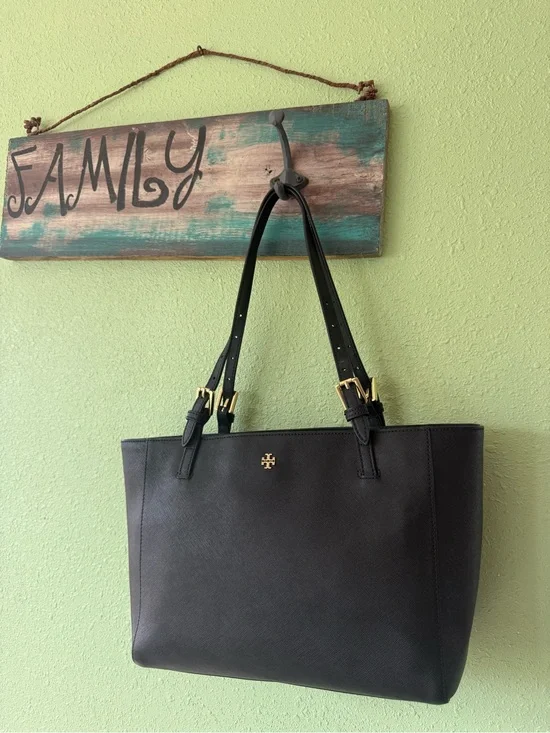Tory Burch Black Leather Tote with Gold Logo and Buckles