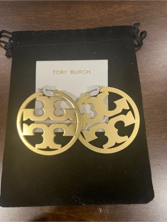 Tory Burch “Miller” Matte Gold Cutout Logo Hoop Earrings
