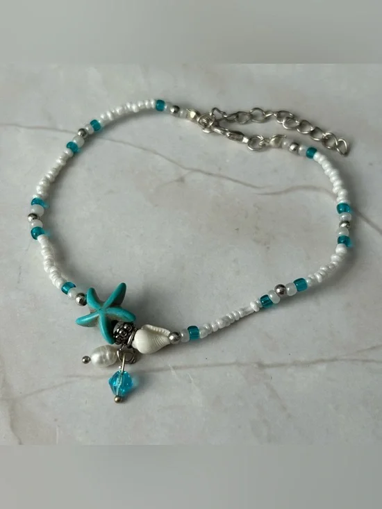 Turquoise & White Starfish Beaded Anklet with Shell Charm