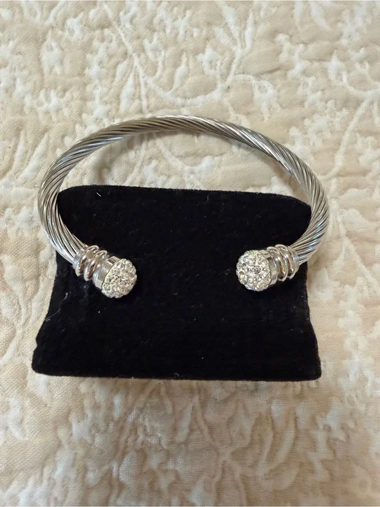 Silver-Tone Twisted Cable Cuff Bracelet with Pavé End Caps