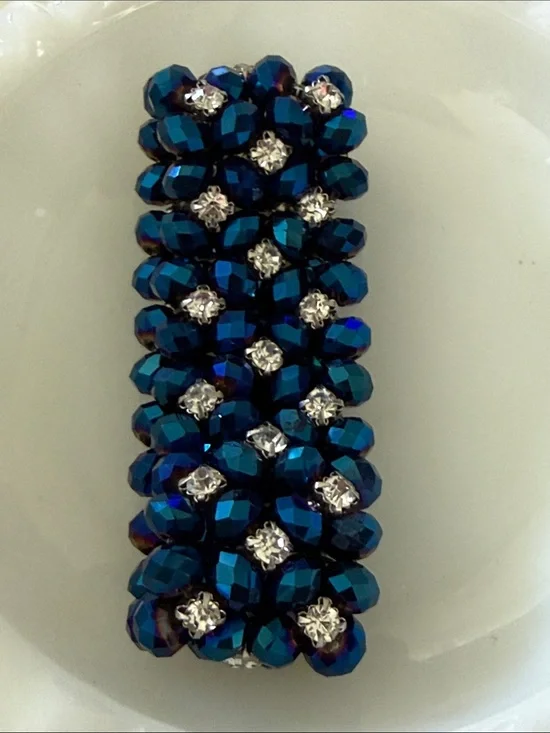 Vtg gorgeous Blue bead clear stretch prong set rhinestone Bracelet beautiful