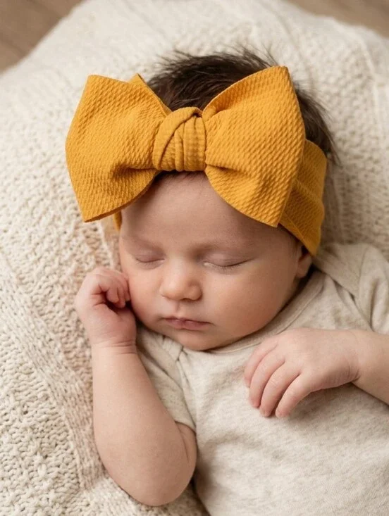 Mustard Yellow Oversized Bow Headband Girls Ribbed Cable Knit Textured Wide Band