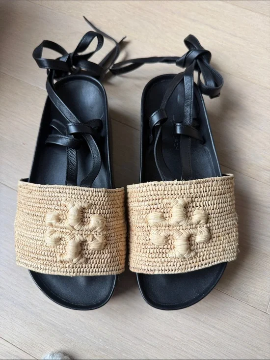 Tory Burch Black Footbed Raffia Slide Sandals with Natural Raffia Strap Size 5