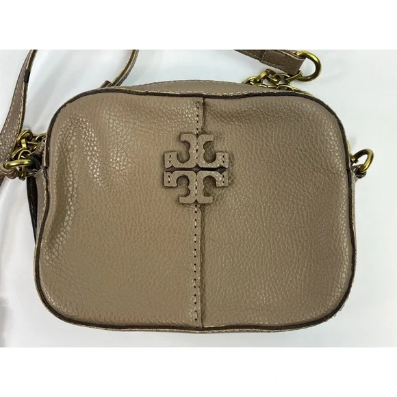Tory Burch McGraw Camera Crossbody Bag Beige Tan Sand Leather - Strap Damage